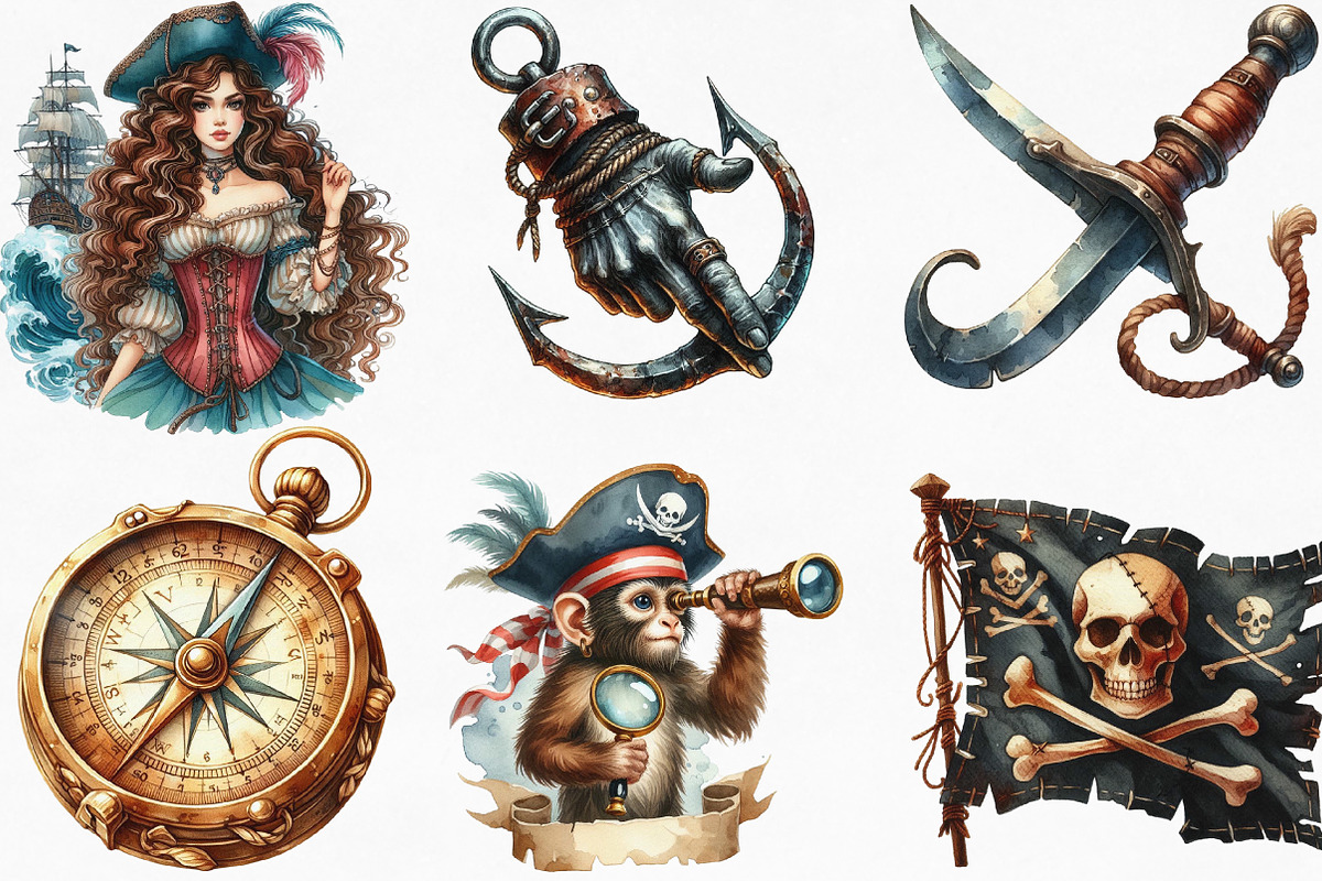 Watercolor Pirate Clipart Bundle, an Illustration by Designking (Photo 3 of 4)