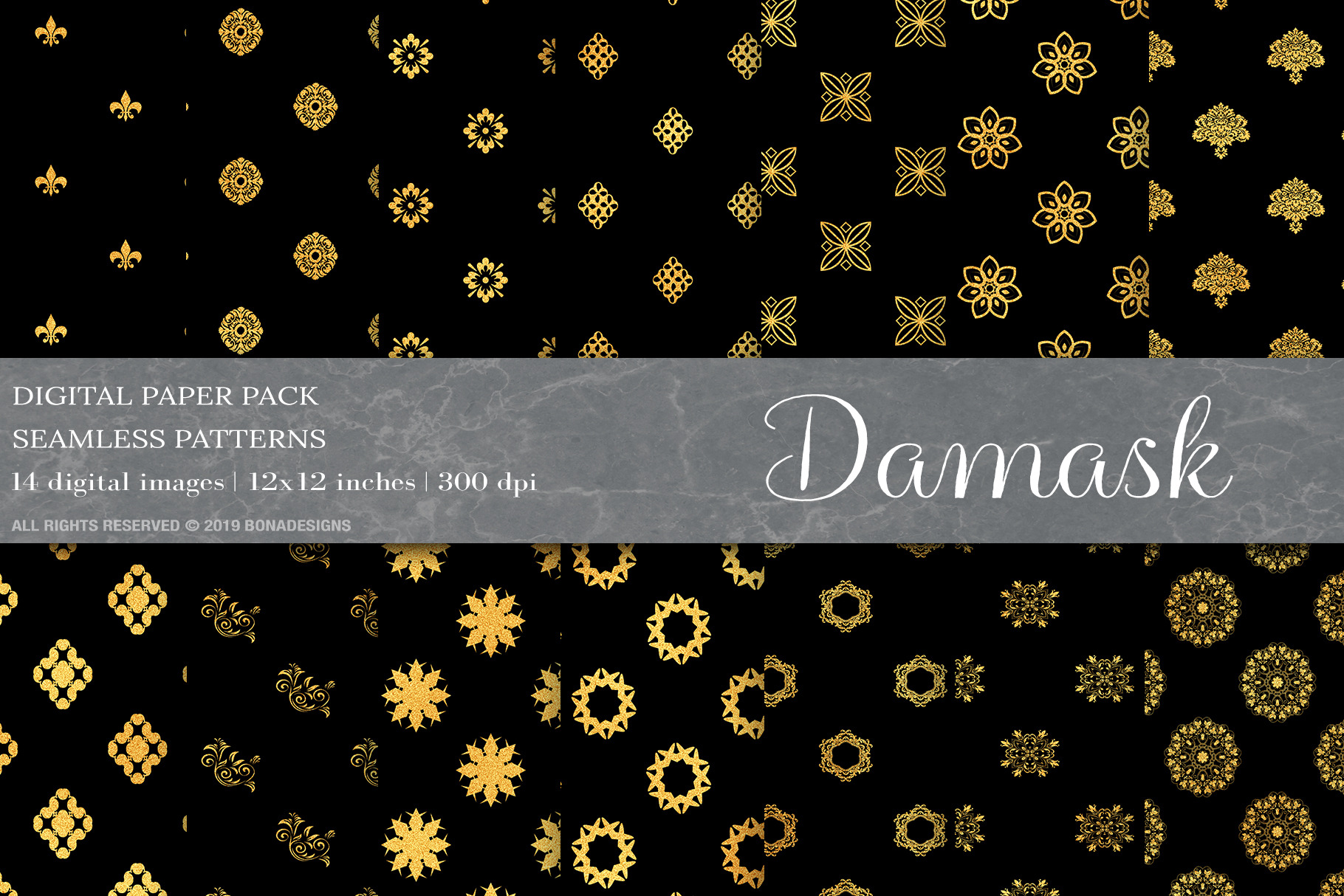 Gold Damask Digital Papers, a Pattern Graphic by BonaDesigns