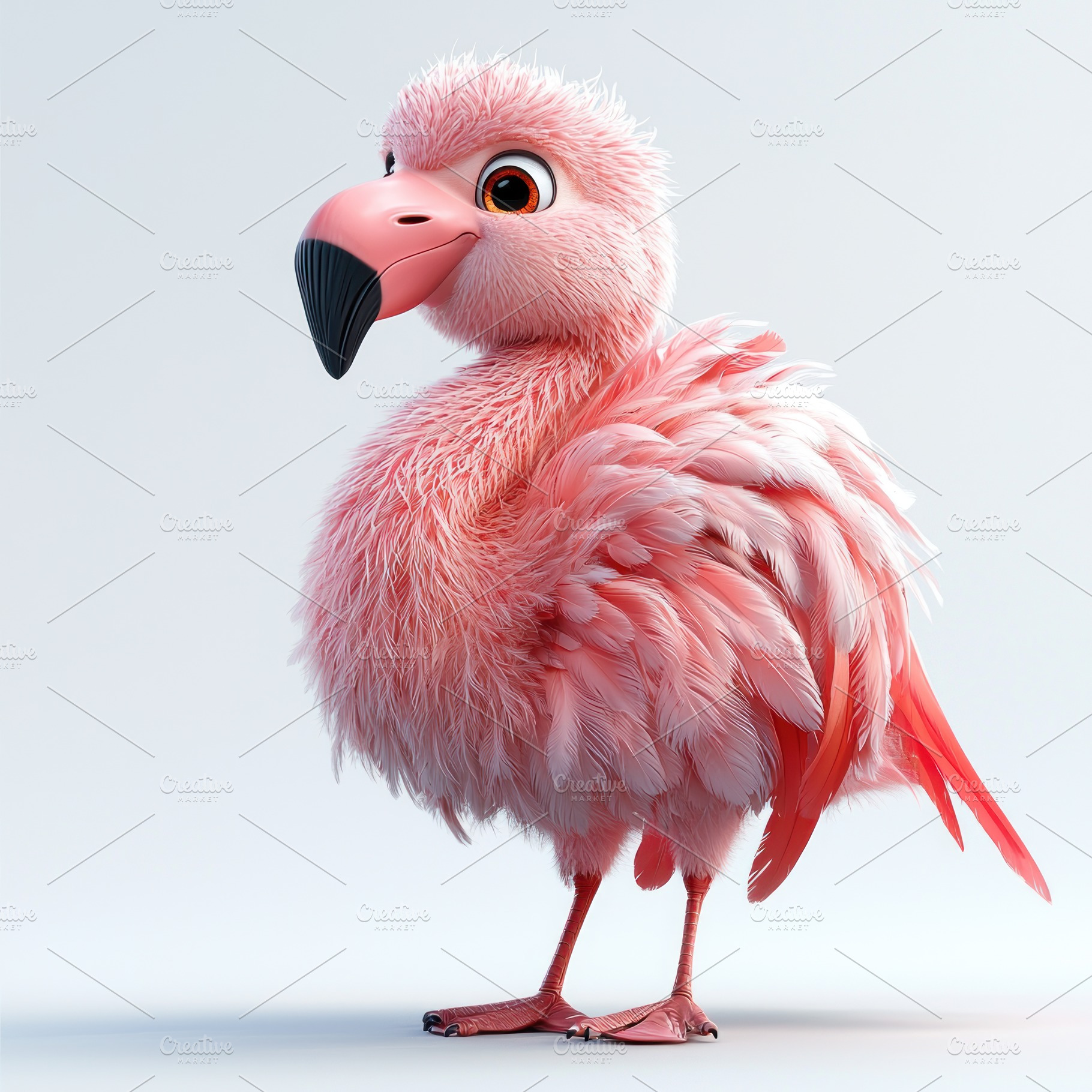 Fluffy pink cartoon flamingo with black beak standing on light b, an Animal Photo by José Manuel Gelpi