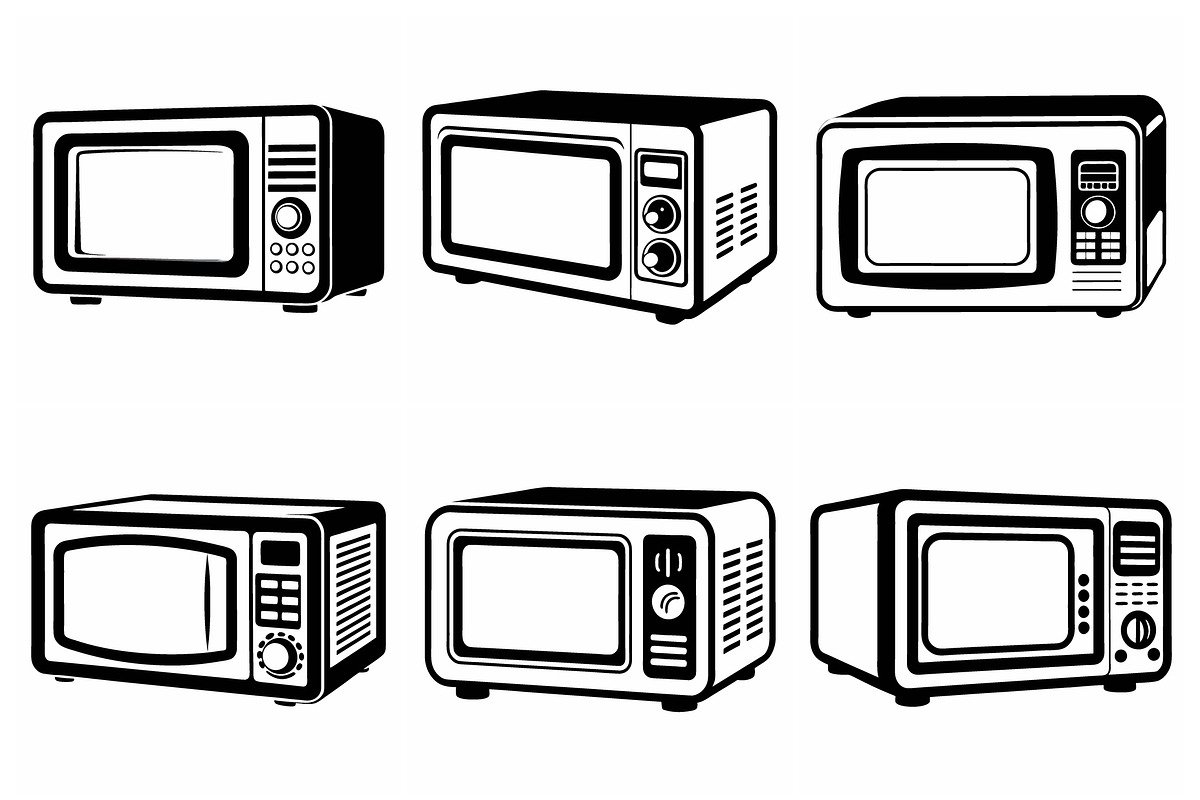 six distinct microwave ovens, an Object Graphic by Billah Hub
