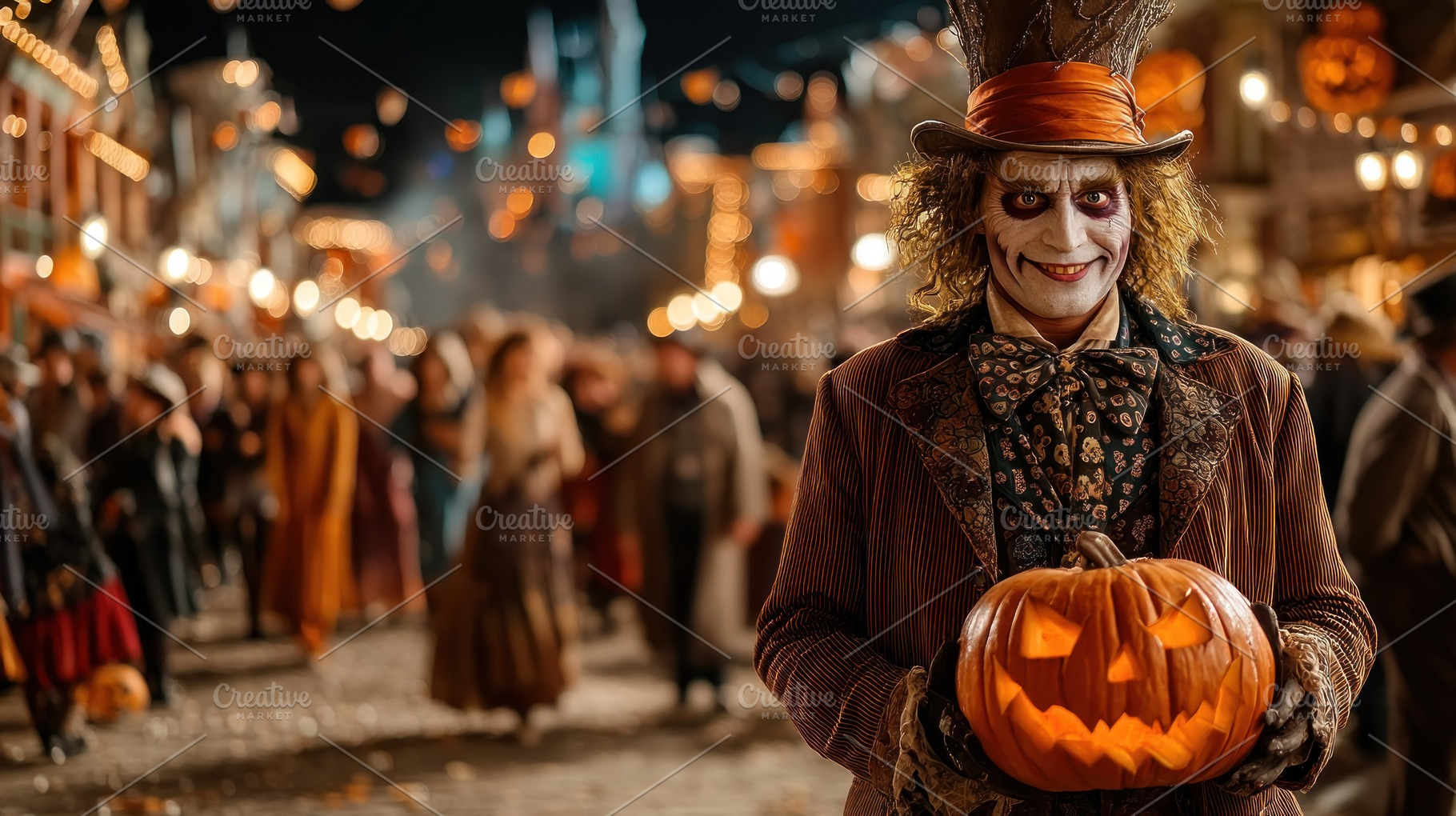 Creepy Clown Holding Glowing Jack O'Lantern at Nighttime Hallowe, a Holiday Photo by José Manuel Gelpi