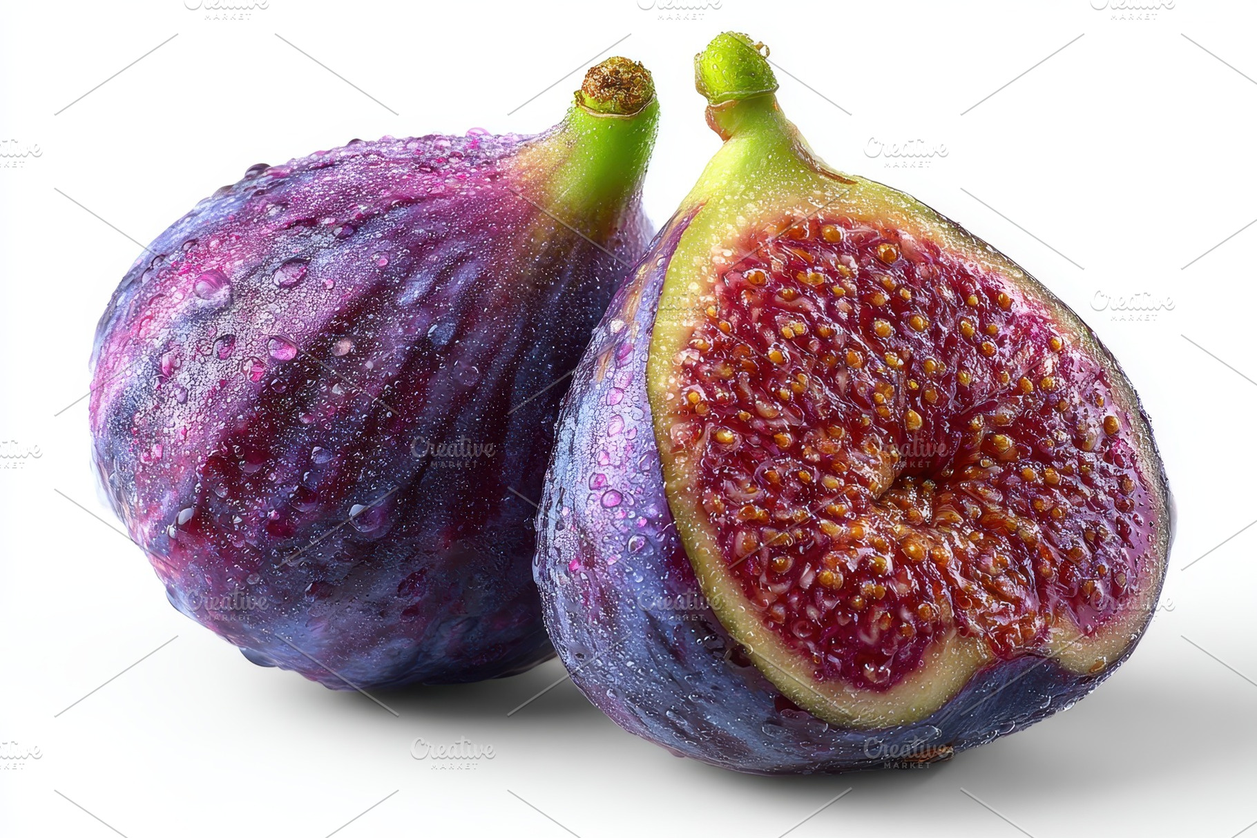 Two ripe figs one sliced showing see, a Photo by Pixeness Studio
