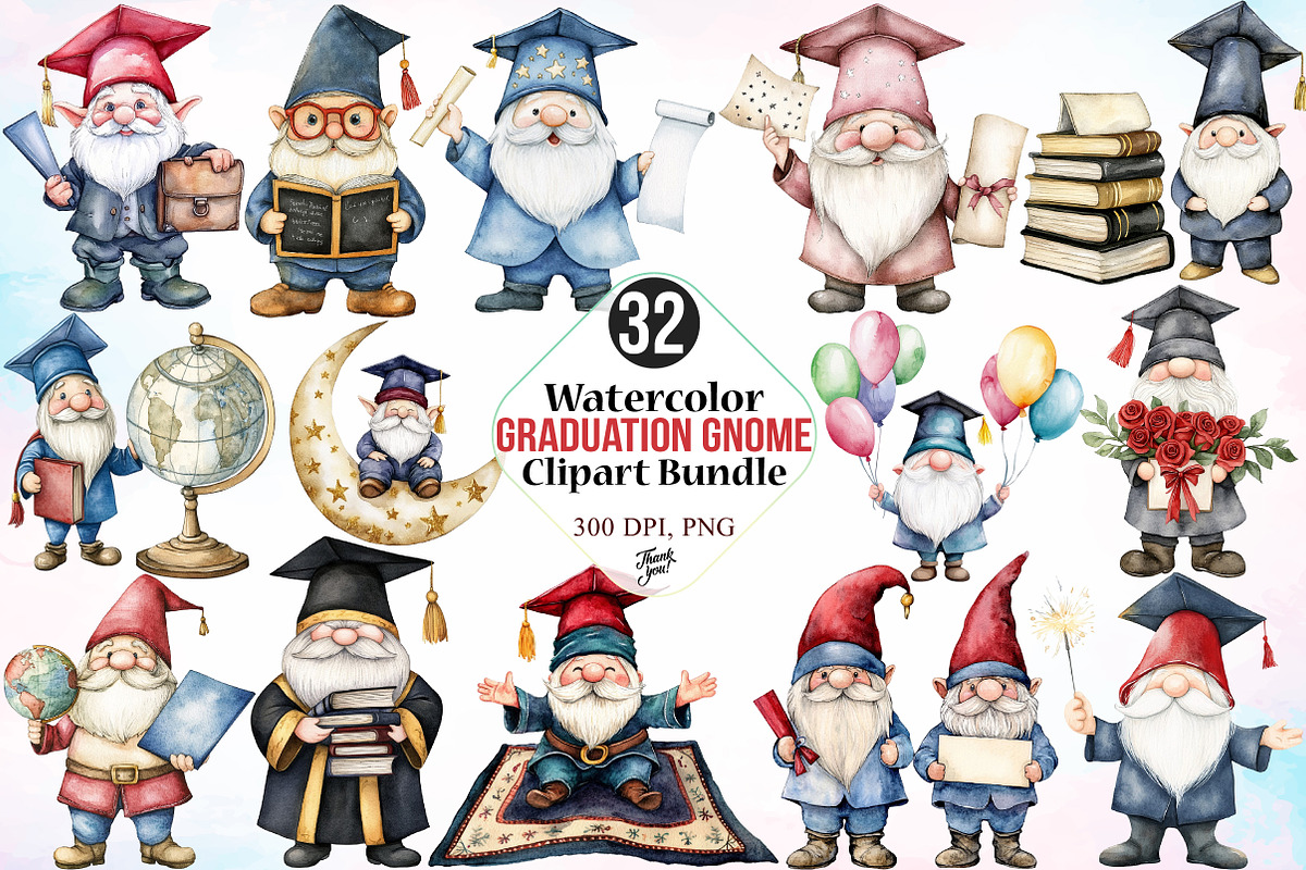 Watercolor Graduation Gnome Clipart, an Illustration by Canvas Craft (Photo 1 of 4)