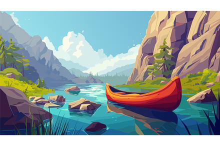 Canoe Floating Down a Mountain River, an Illustration by LadadikArt