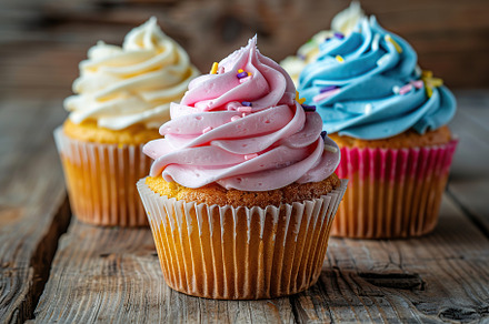 Tasty cupcakes with butter cream on wooden background, a Food & Drink Photo by AlyaAnd