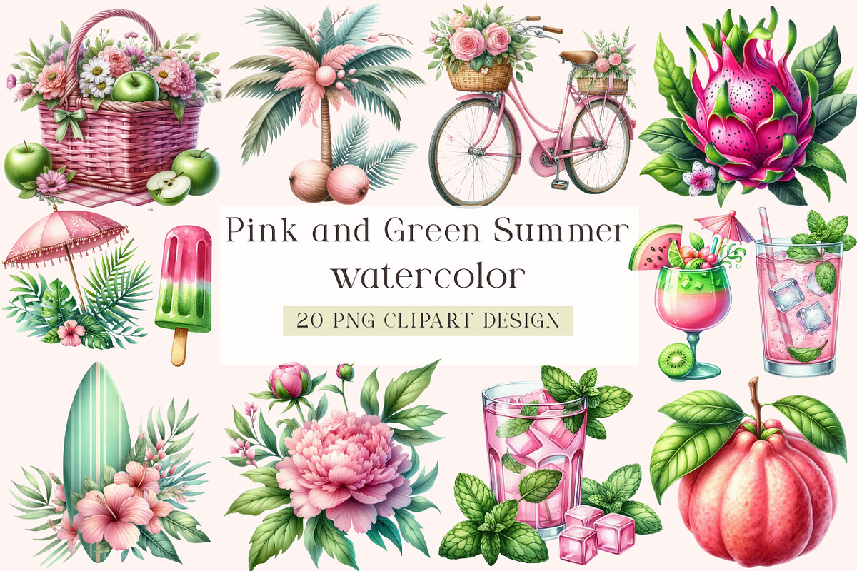 Pink and Green Summer Clipart, an Illustration by DreamArtGraphic (Photo 1 of 4)