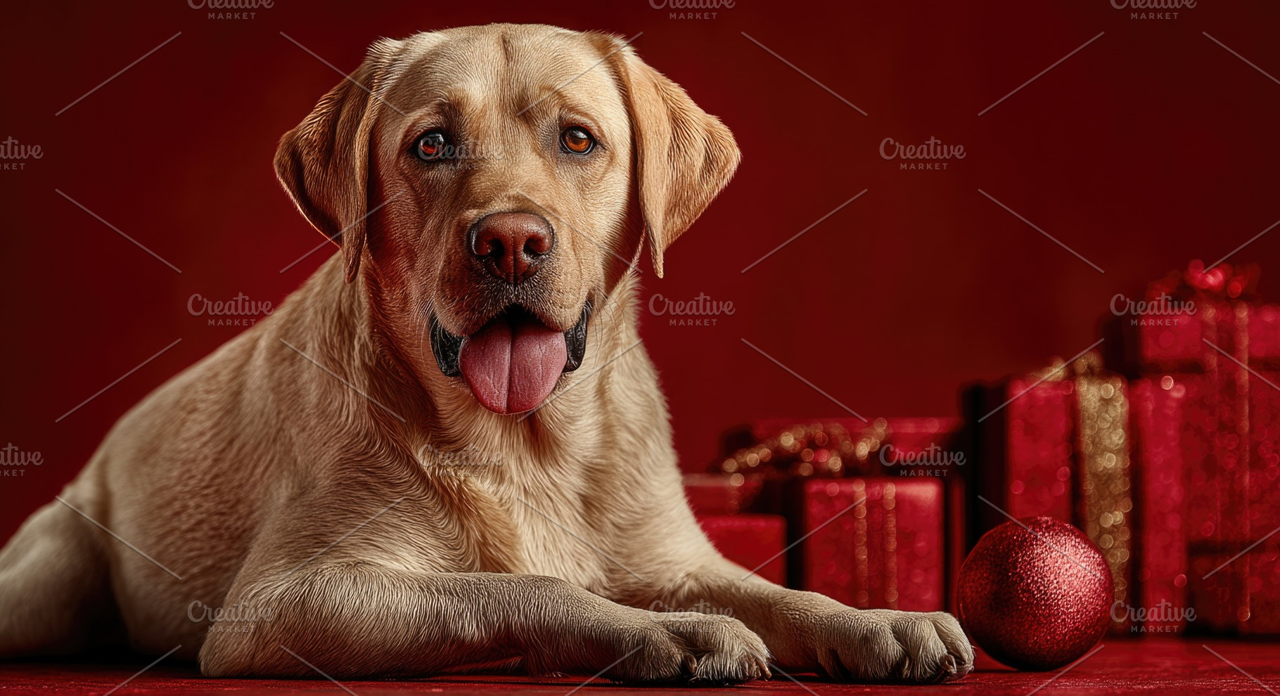 Festive Labrador Dog Portrait With Red Holiday Presents and Copy, a Holiday Photo by José Manuel Gelpi