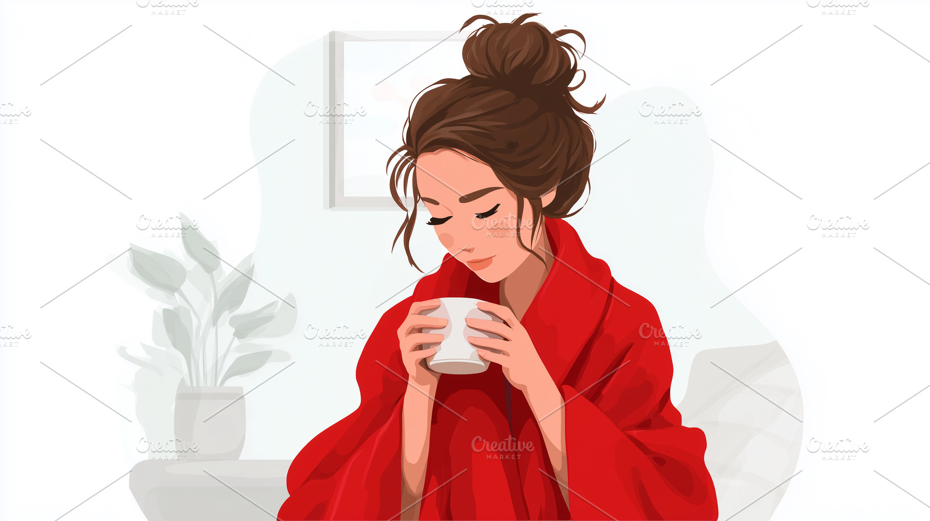 Woman in a cozy red robe enjoys, a Food & Drink Photo by MistyDay