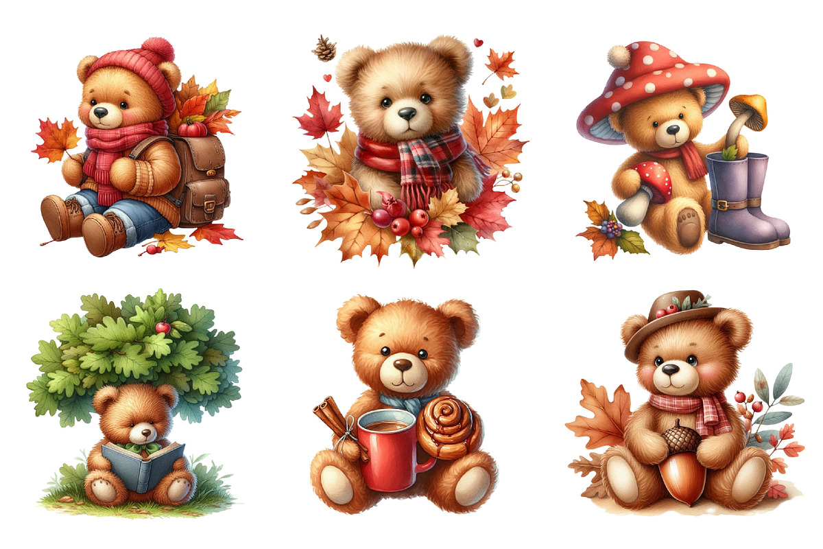 Watercolor Autumn Teddy Bear Clipart, an Illustration by SinaCreation (Photo 3 of 5)