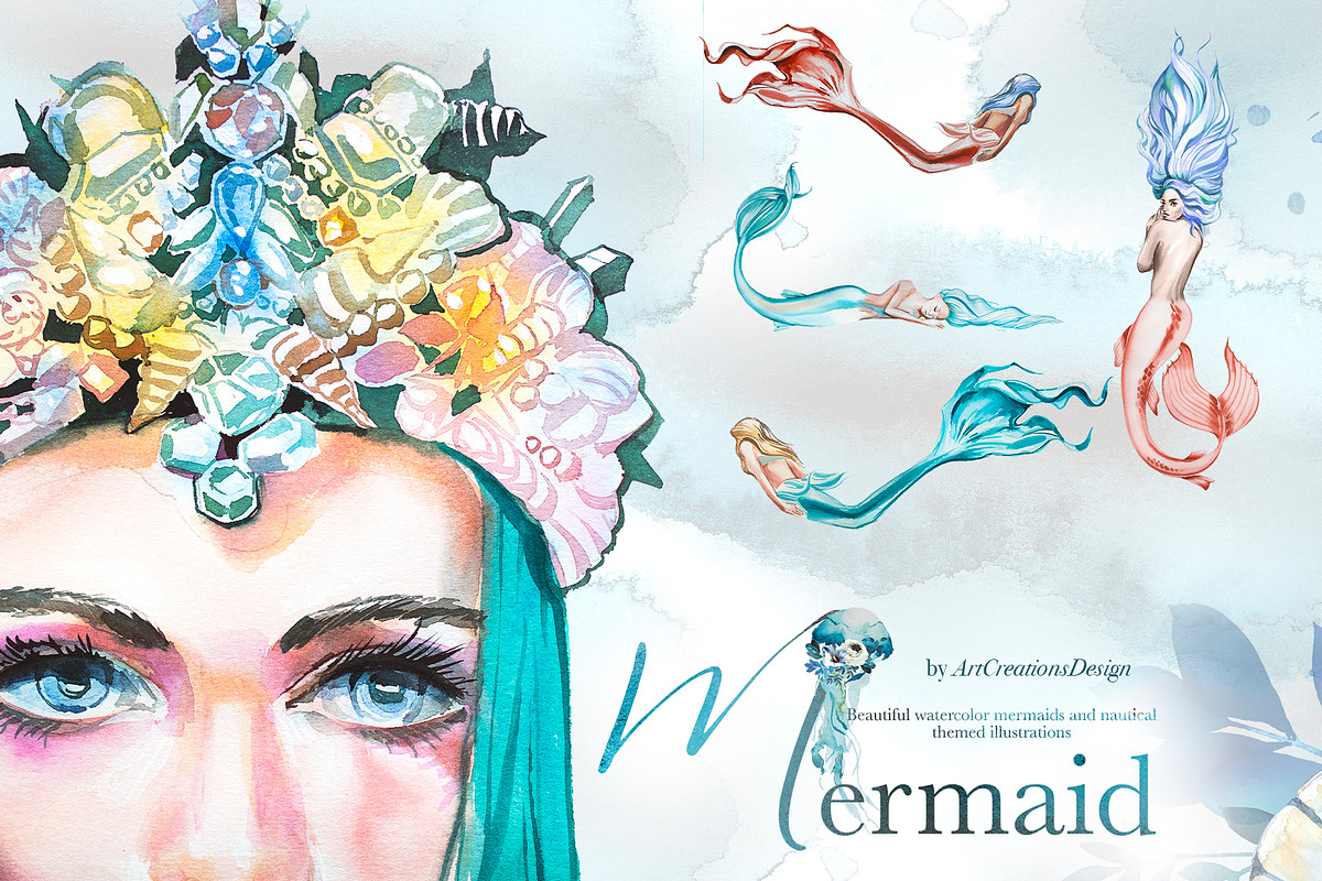 Hand-Painted Mermaid Clipart Set, a Person Illustration by ArtCreationsDesign (Photo 4 of 24)