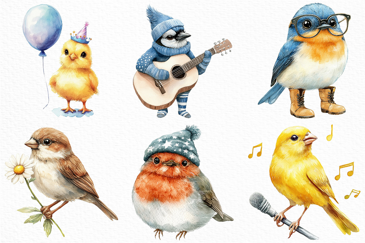 Watercolor Quirky Whimsical Birds, an Illustration by Craft Nest (Photo 4 of 6)