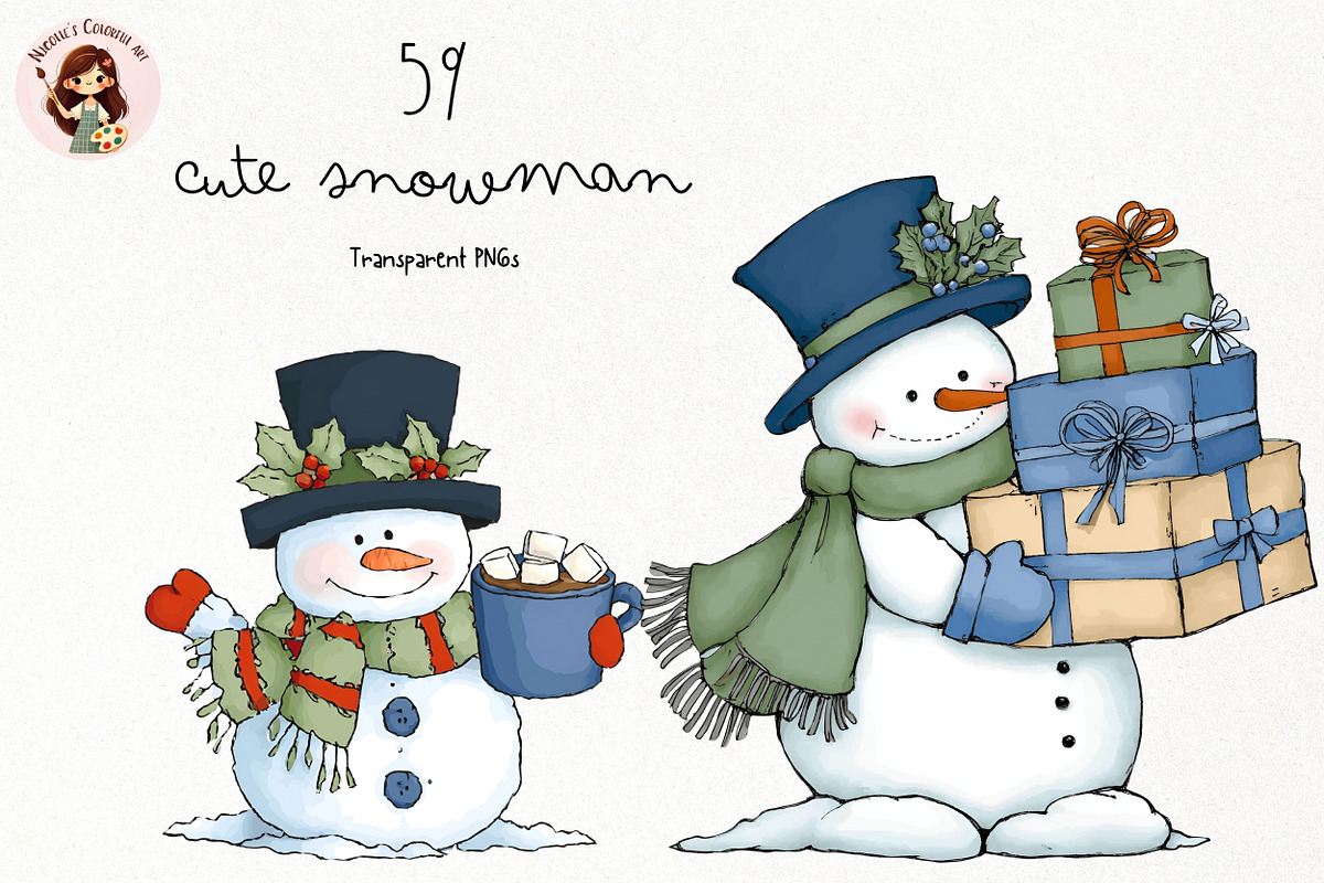 Whimsical Snowman Clipart, a Seasonal Illustration by Nicolle's Colorful Art (Photo 1 of 5)
