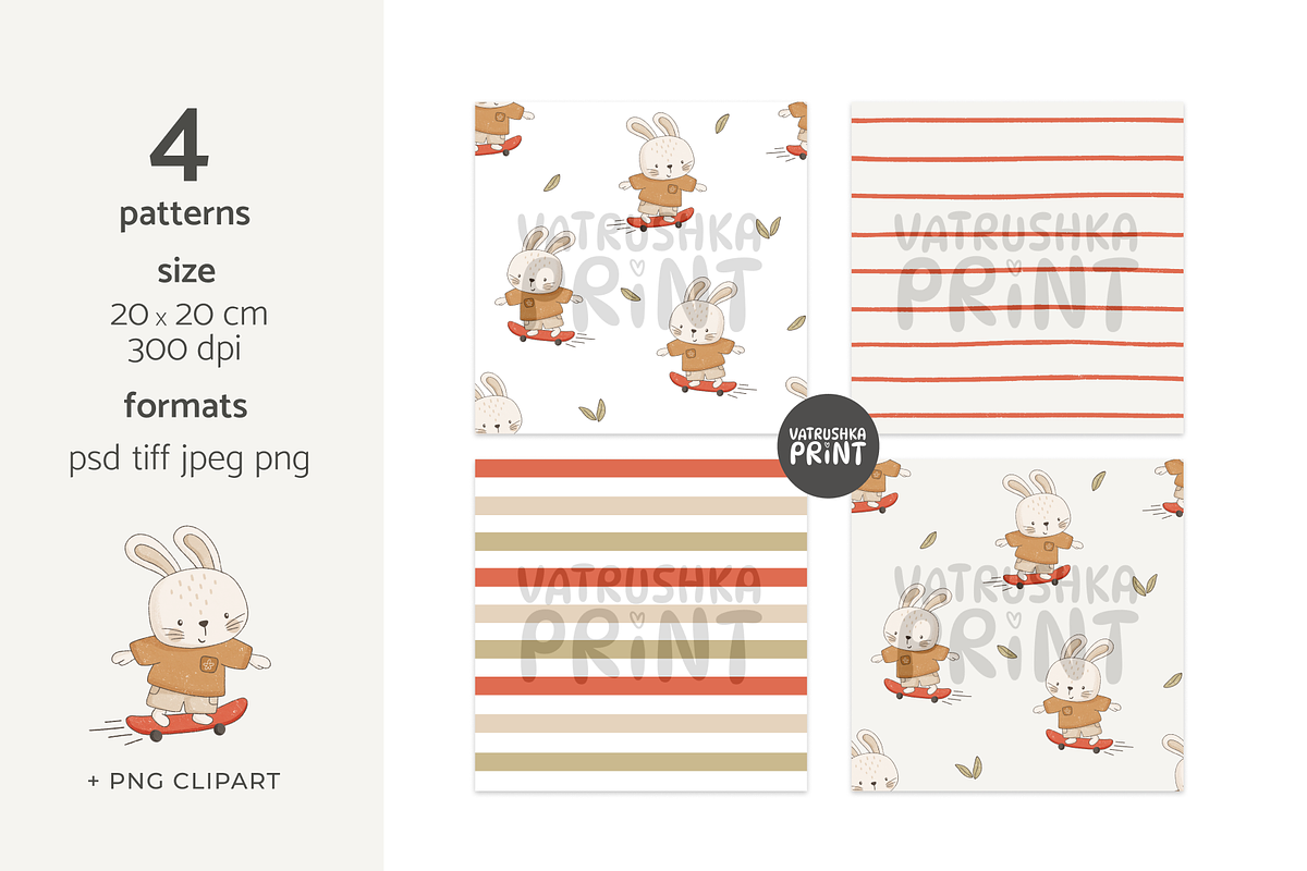 Rabbit Skater seamless patterns, a Pattern Graphic by vatrushkaprint_store (Photo 2 of 4)