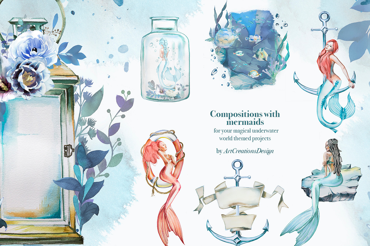 Hand-Painted Mermaid Clipart Set, a Person Illustration by ArtCreationsDesign (Photo 13 of 24)