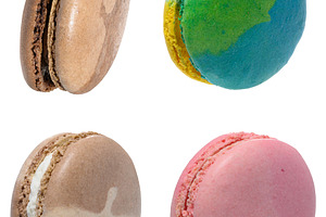 Multicolored macarons on isolated background, close up, a Food & Drink Photo by ndanko
