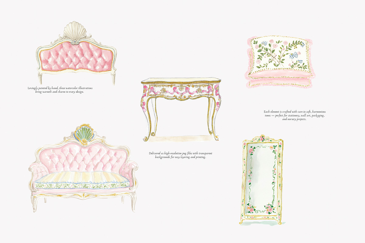watercolor rococo coquette clipart, a Decorative Illustration by Patishop Art (Photo 2 of 9)