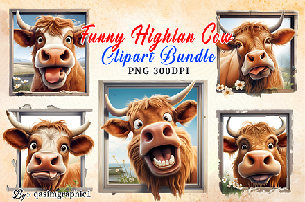 Funny Highland Cow Clipart Bundle, an Animal Illustration by qasimgraphic1