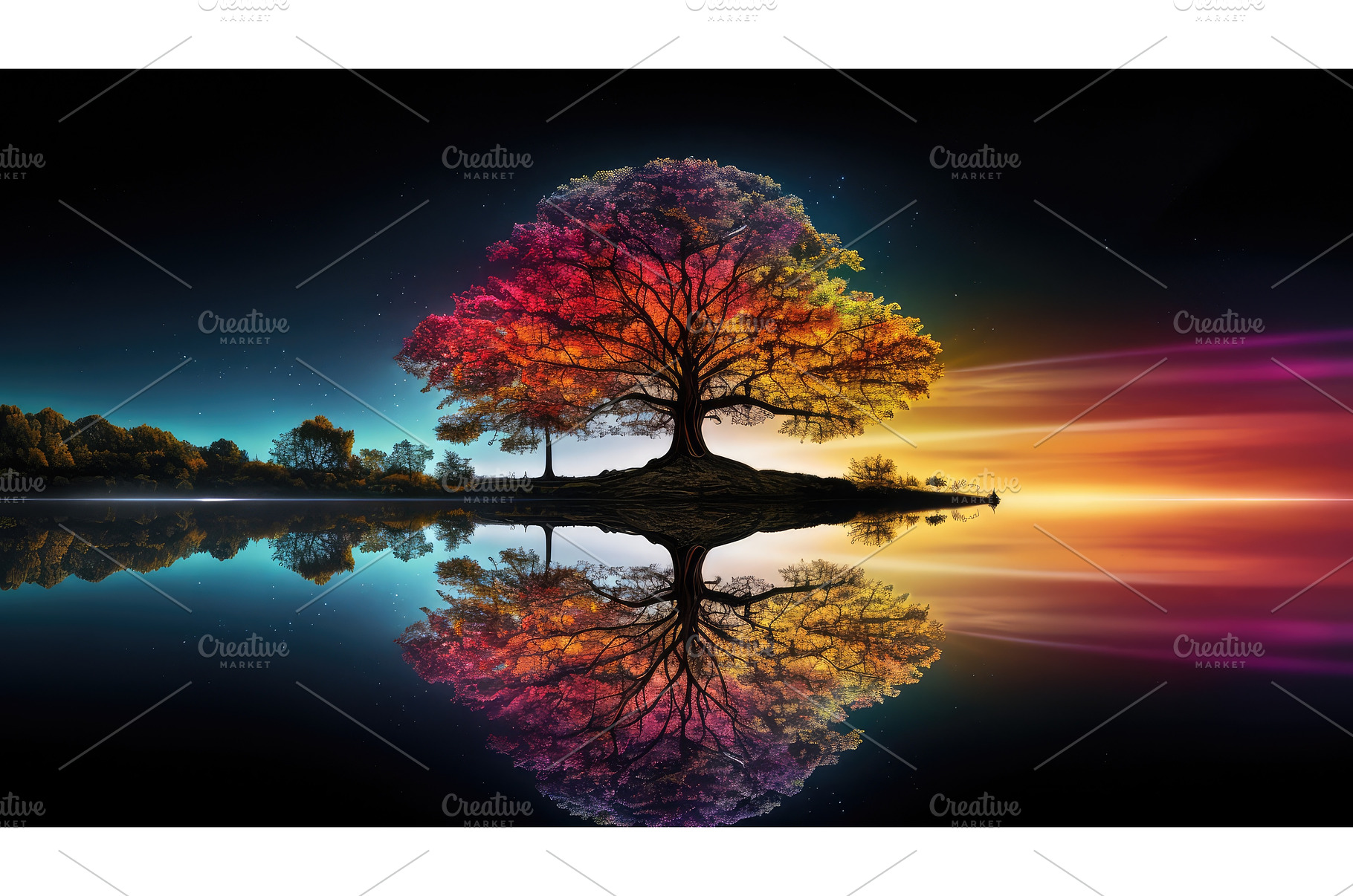 lake rainbow tree ai generated, a Nature Photo by pikepicture
