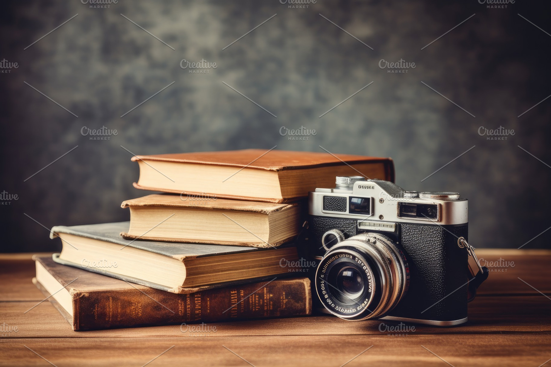 Vintage camera and books on wooden t, a Photo by Iftikhar Alam