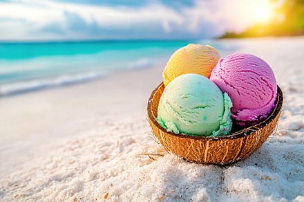 Colorful ice cream served in a coconut shell on the beach at sunset, a Food & Drink Photo by AlyaAnd