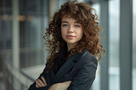 Young business woman in business suit standing on blurred office, a Person Photo by AlyaAnd