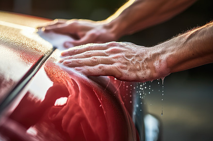 Man washing a red car with a microfi, a Photo by Iftikhar Alam