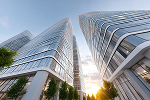 Modern skyscrapers basking in sunlight during a clear evening in a bustling urb, a Business Photo by AlyaAnd