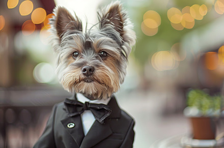 Cute dog in black suit on blurred restaurant background, an Animal Photo by AlyaAnd