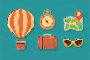 five travel vacations icons, an Object Illustration by studiogstock
