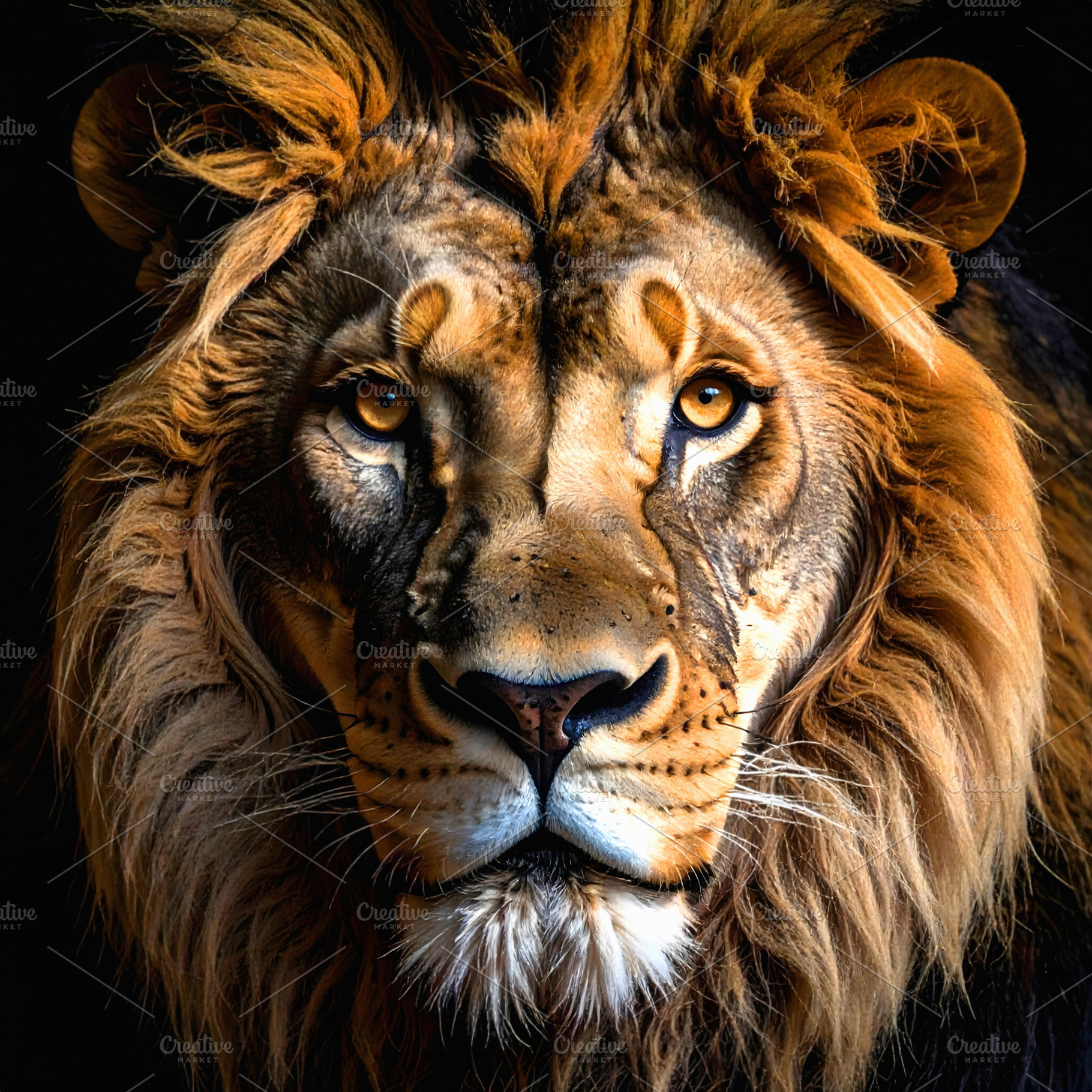 Majestic portrait of a lion with golden mane and piercing eyes, an Animal Photo by GoodGoods