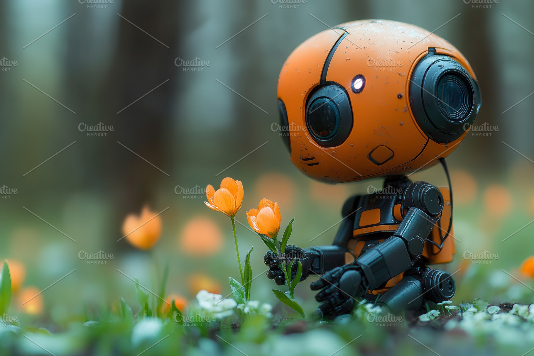 Robot explores a field of orange flo, a Photo by Tanuart