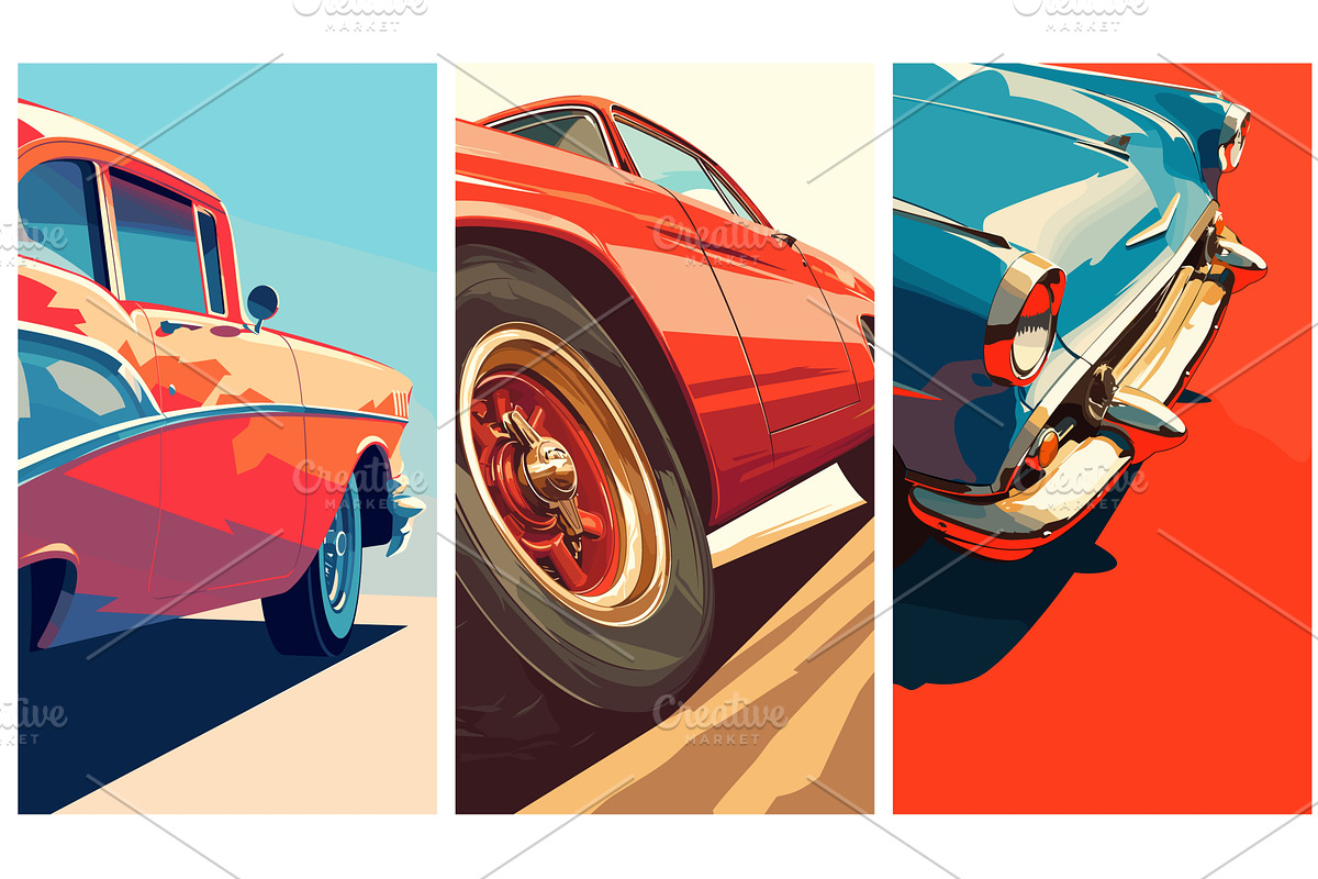 Retro car posters set. Old blue red, a Transportation Illustration by Stock-Smart-Start