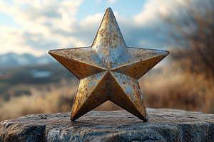 Rusty star sculpture stands prominen, a Photo by Tanuart