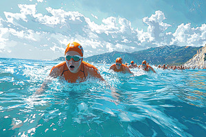 Group of swimmers competing in a triathlon in scenic coastal waters, an Illustration by AS photostudio