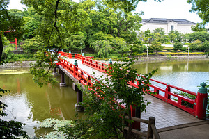 Red bridge over Kawazokoike pond in Tennoji Park, Osaka, an Architecture Photo by GoodGoods