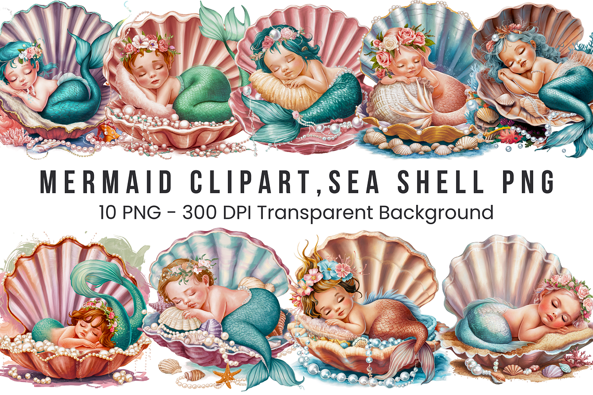 Mermaid PNG, Sea Shell PNG Bundle, a Graphic by Clipart Bloom (Photo 1 of 14)