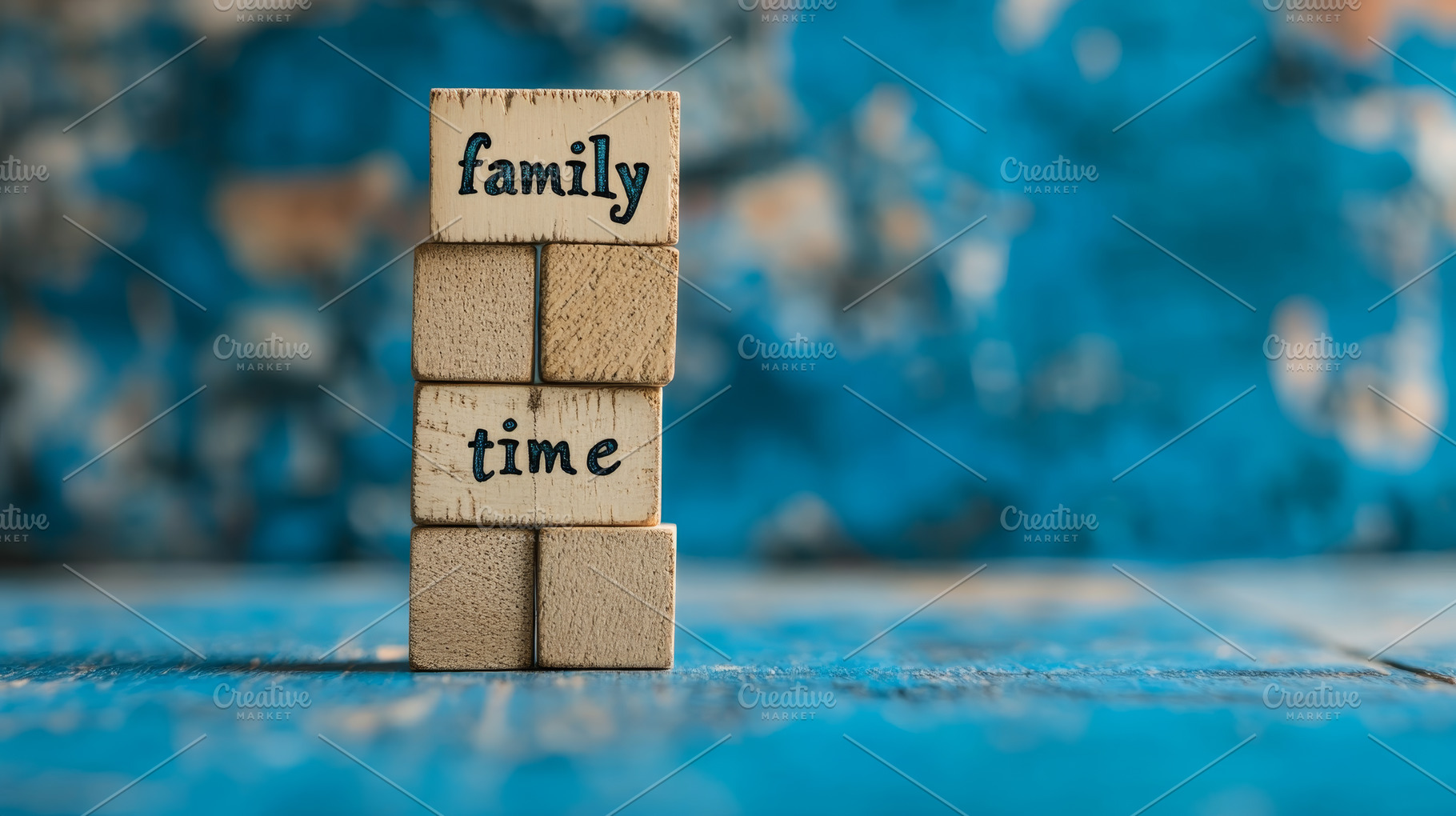 Wooden blocks spelling family time stacked on blue background, an Abstract Photo by Natalia Klenova's Shop