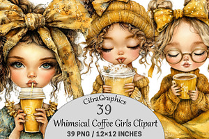 Whimsical Coffee Girls Clipart, a Seasonal Illustration by CitraGraphics