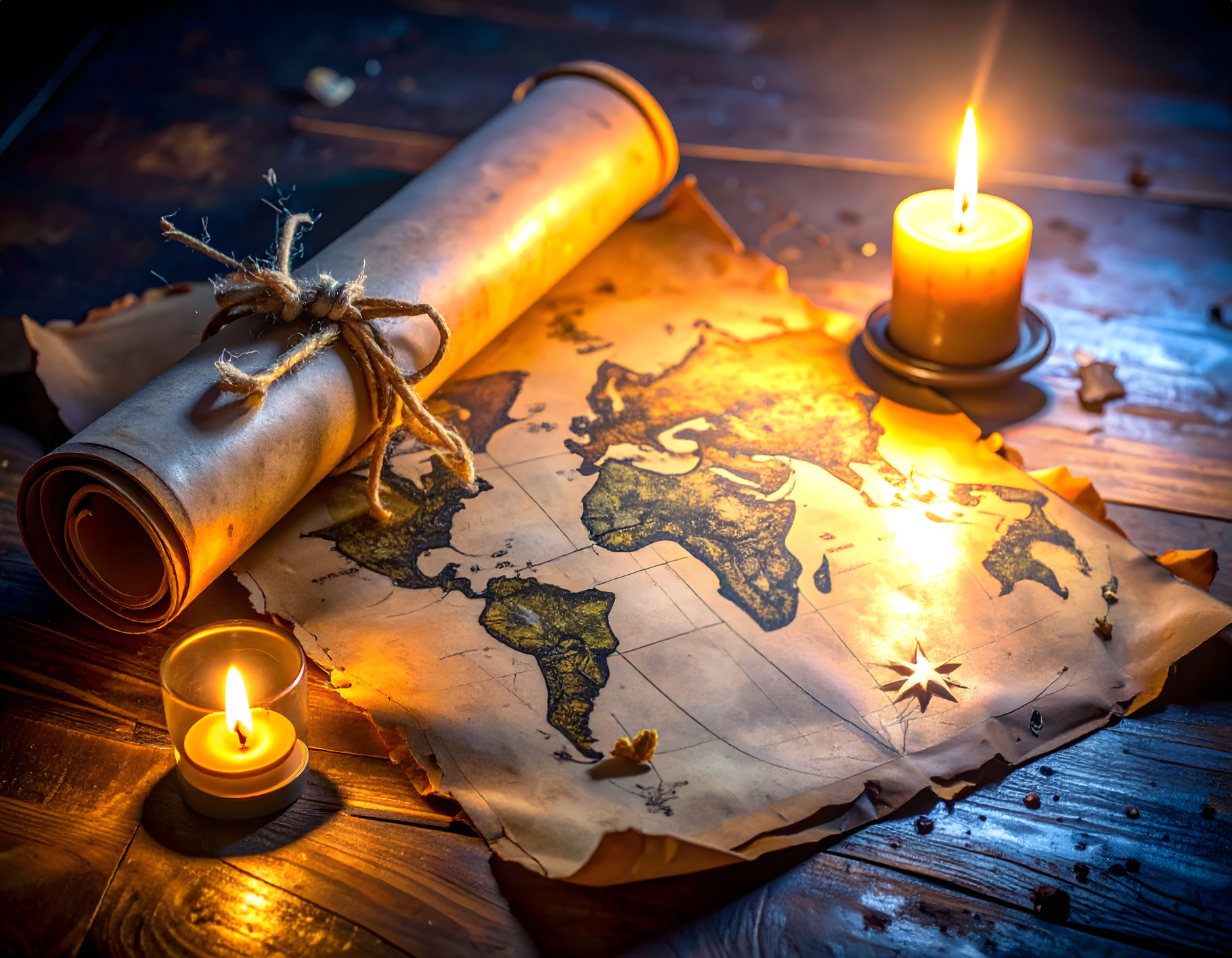 Old parchment map glowing with candles on wooden table, a Holiday Photo ...