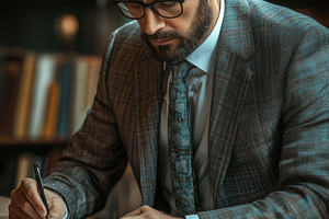 A focused accountant man in a suit writing in a notebook at a desk surrounded b, a Person Photo by Textures & Backgrounds