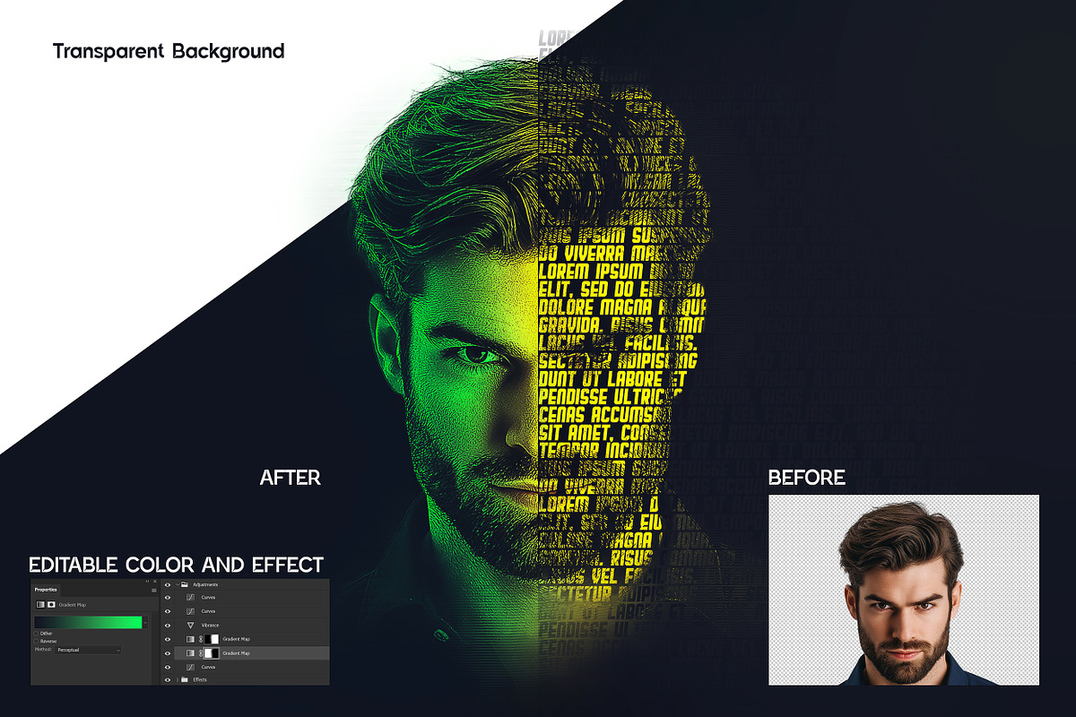 Text Portrait Photoshop Effect FX v1, a Brushes & More by INTENTFX (Photo 6 of 10)