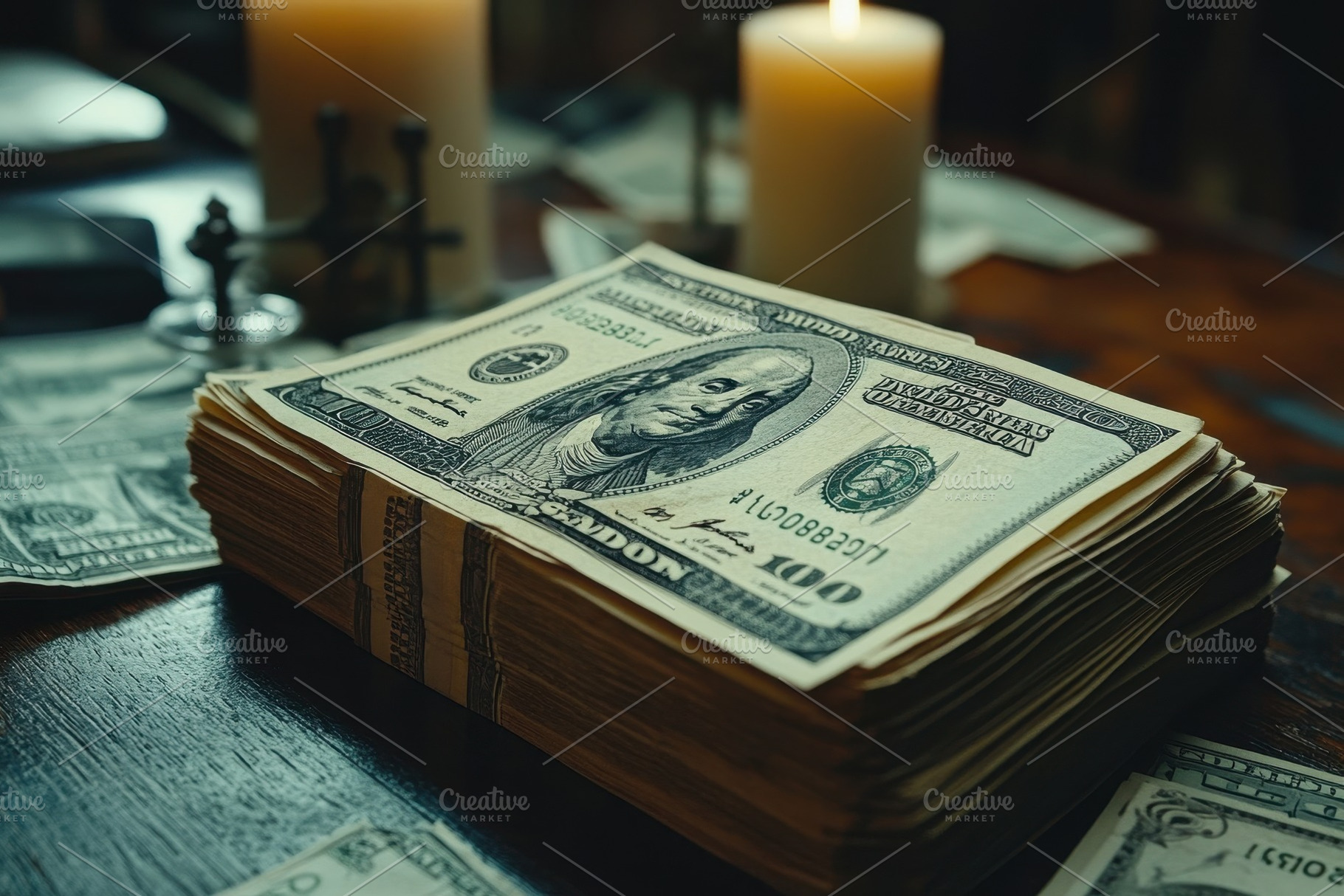 Stacks of cash on wooden table surro, a Photo by Tanuart