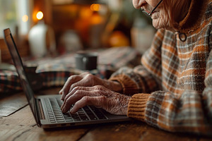 An elderly woman with delicate hands typing on a laptop, immersed in her work a, a Person Photo by ImageMir
