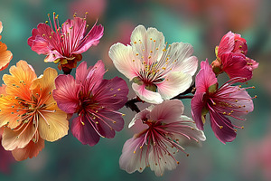 Colorful Cherry Blossom Branch with Pink White and Orange Flower, a Nature Photo by José Manuel Gelpi