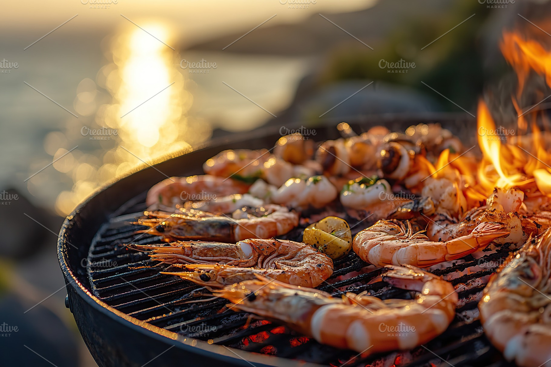 Grilling shrimp and squid near the waterfront at sunset, a Food & Drink Photo by AlyaAnd