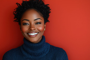 Smiling woman in blue turtleneck sweater with curly hair and gold earrings agai, a Person Photo by José Manuel Gelpi