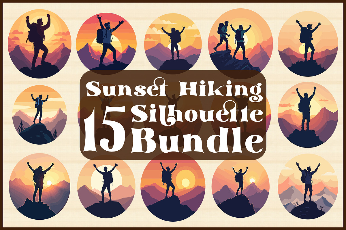 Sunset Hiking Silhouette  Bundle, an Object Graphic by yasushie (Photo 1 of 16)