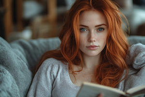A young Caucasian woman with long red hair reading a book in a cozy, softly lit, a Person Photo by ImageMir