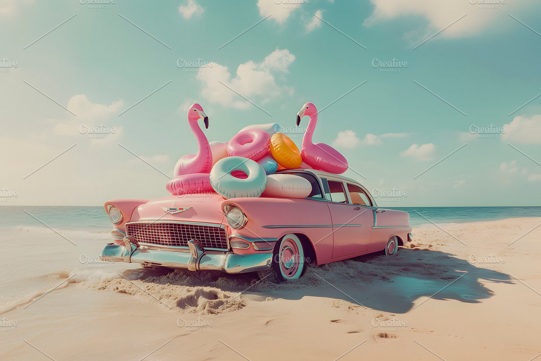 floaties on a pink car on the beach, generative AI, a Photo by Nito