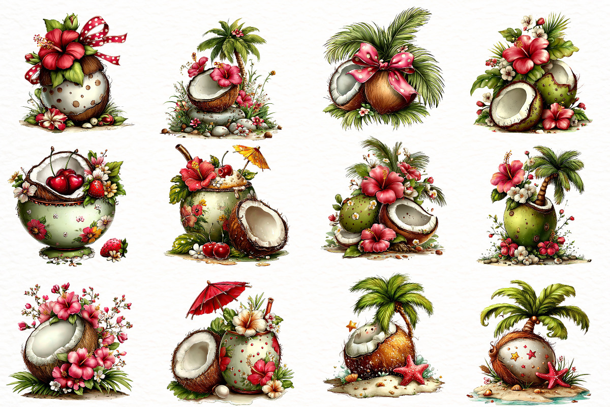 whimsical summer coconut clipart, an Illustration by Designworld (Photo 4 of 8)